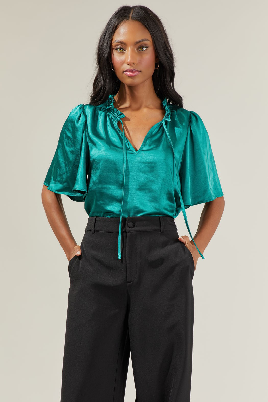 Satin Tie Neck Flutter Sleeve Blouse