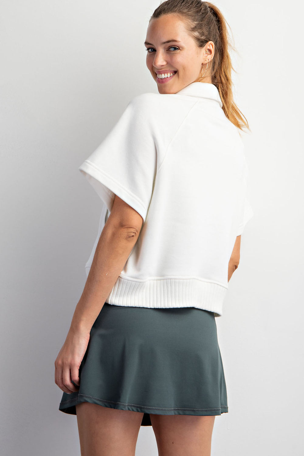 French Terry Short Sleeve Collared Top - Off White