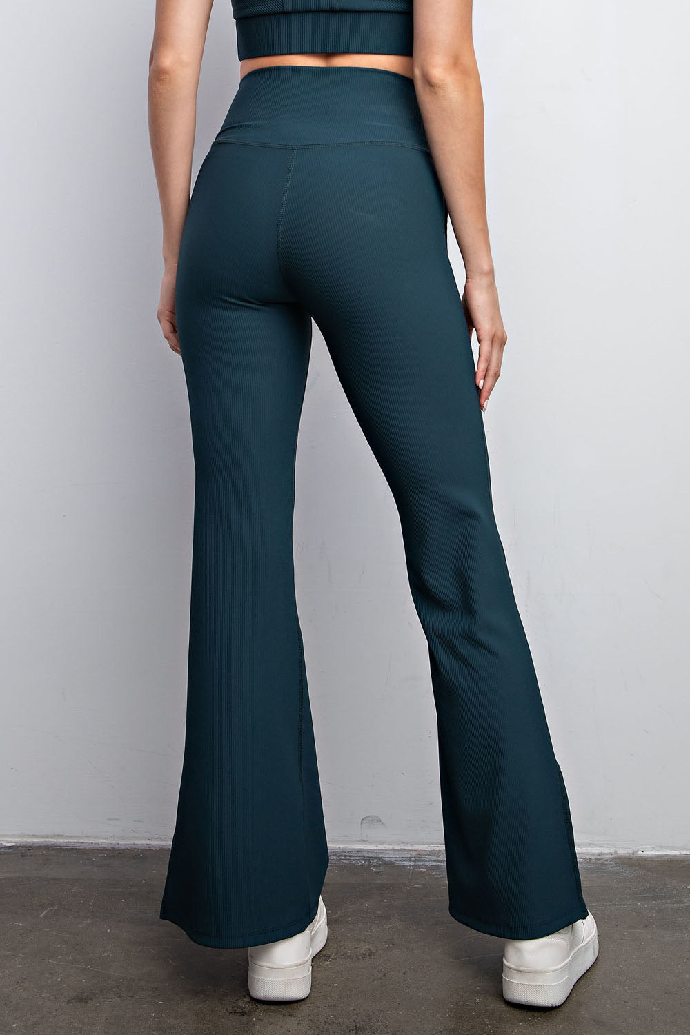 Nylon Rib V Waist Crossover Flared Leggings Midnight Green