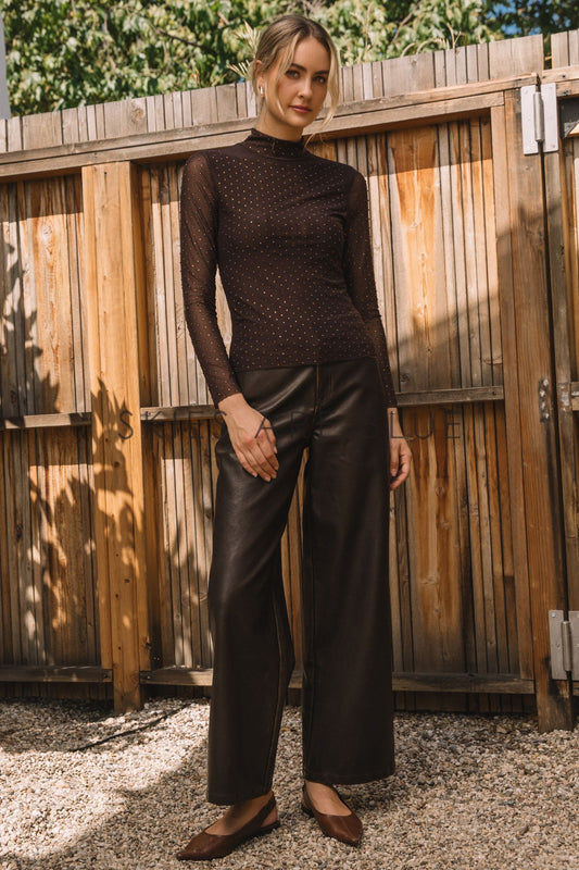 Embellished Mesh Mock Neck Top