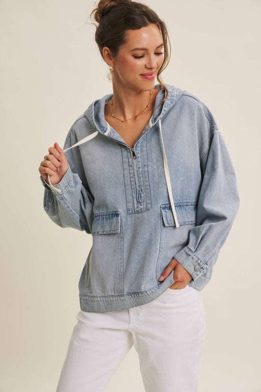 CRAVING COMFORT MINERAL-WASHED DENIM HOODED PULLOVER