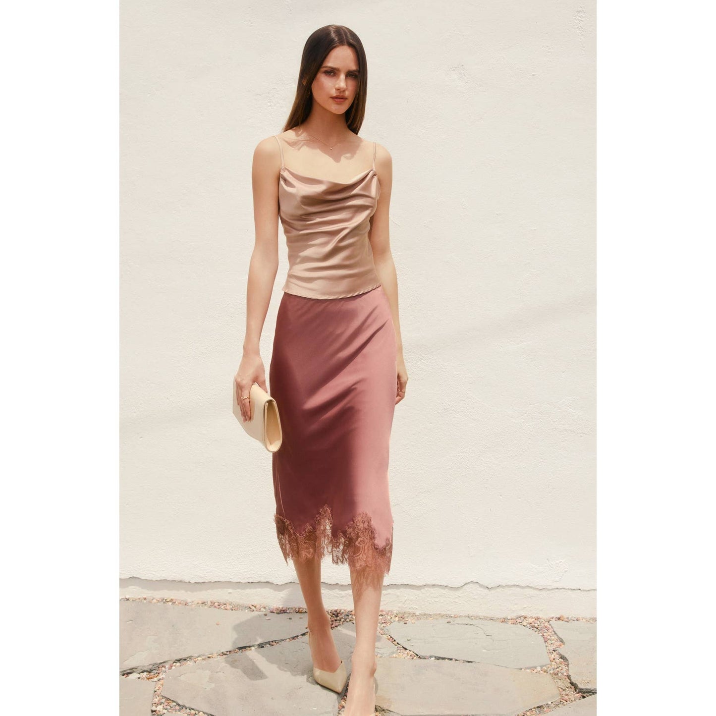 Dull Satin Lace Hem Pencil Skirt