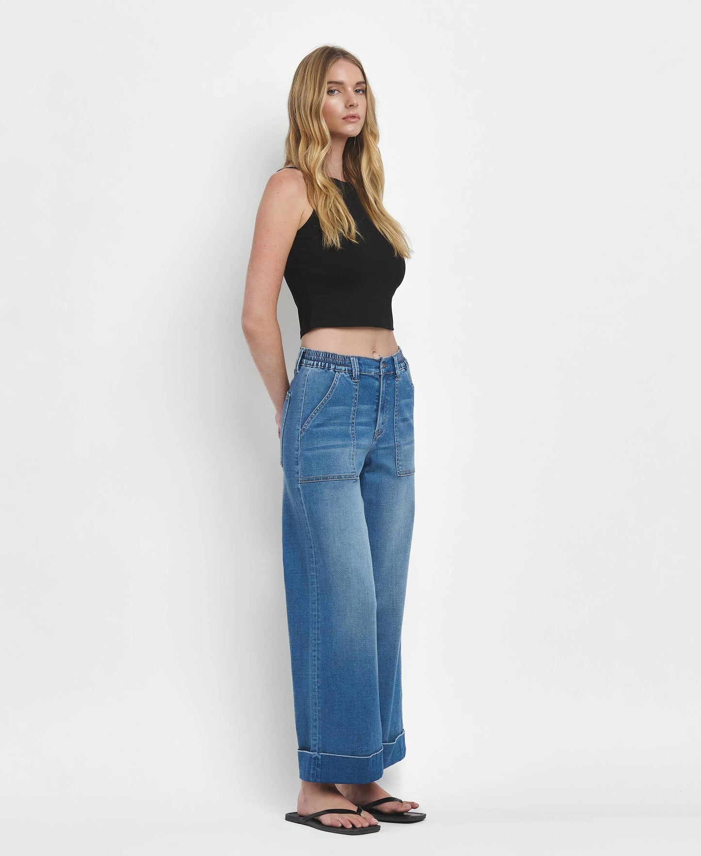 HIGH RISE DOUBLE CUFFED BAGGY WIDE JEANS
