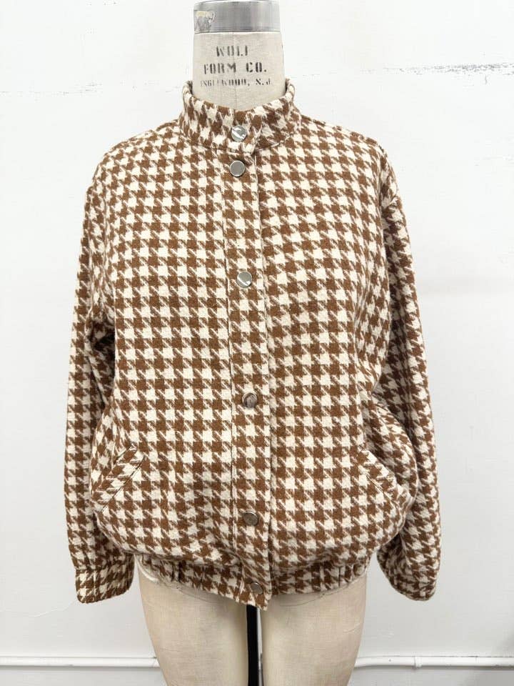 Houndstooth Snap Button Bomber Jacket