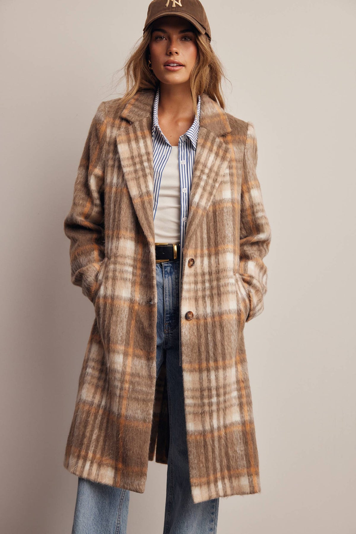 Plaid Brushed Long Coat