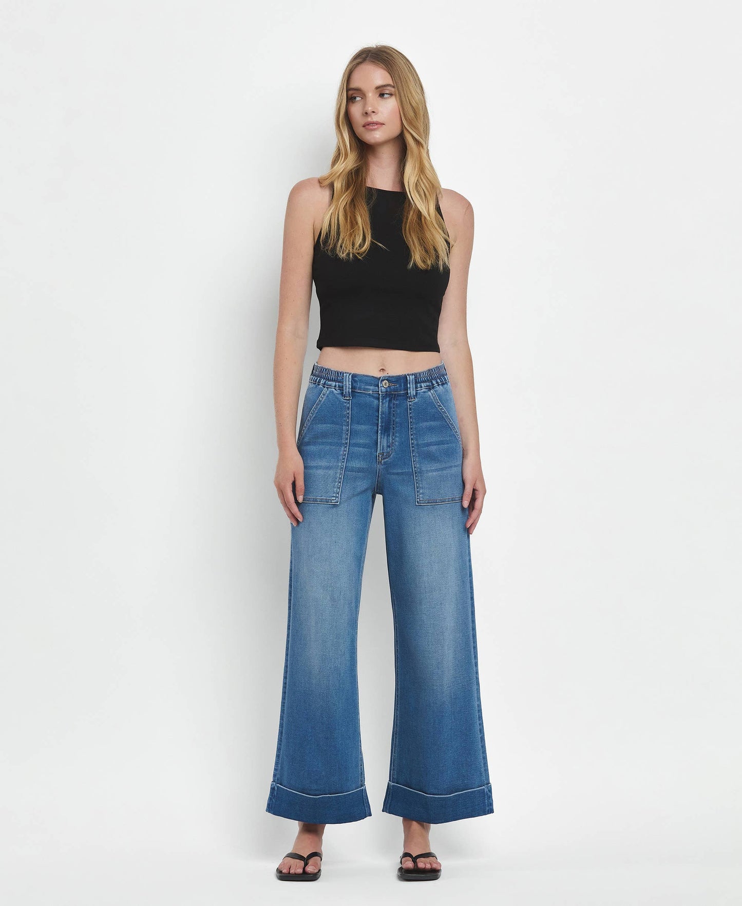 HIGH RISE DOUBLE CUFFED BAGGY WIDE JEANS