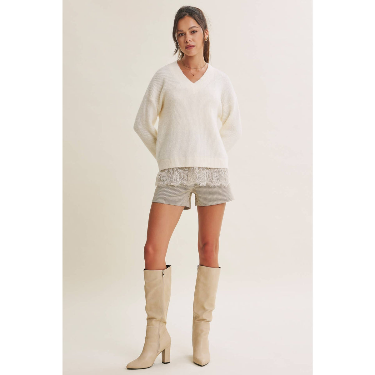 WINTER GARDEN EYELASH LACE TRIM BRUSHED SWEATER TOP