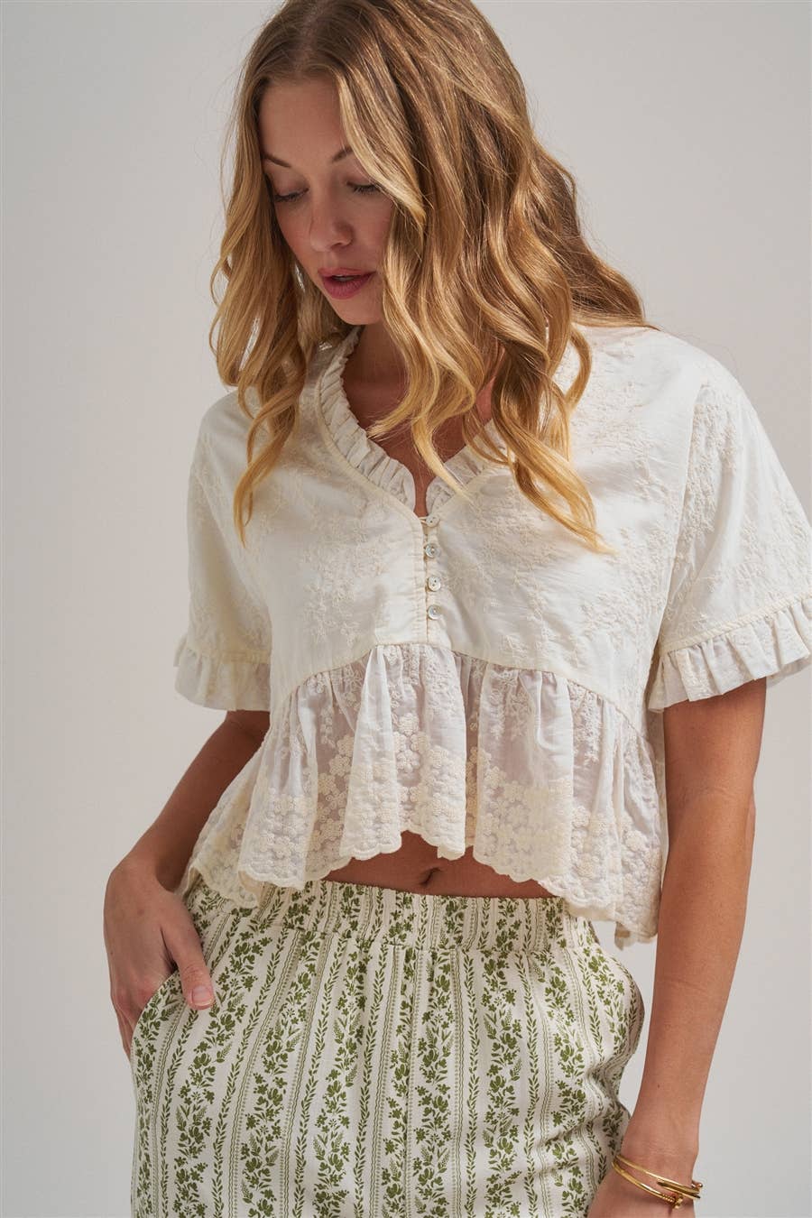EMBROIDERED LACE PEPLUM BOHO BLOUSE TOP WITH RUFFLE DETAIL
