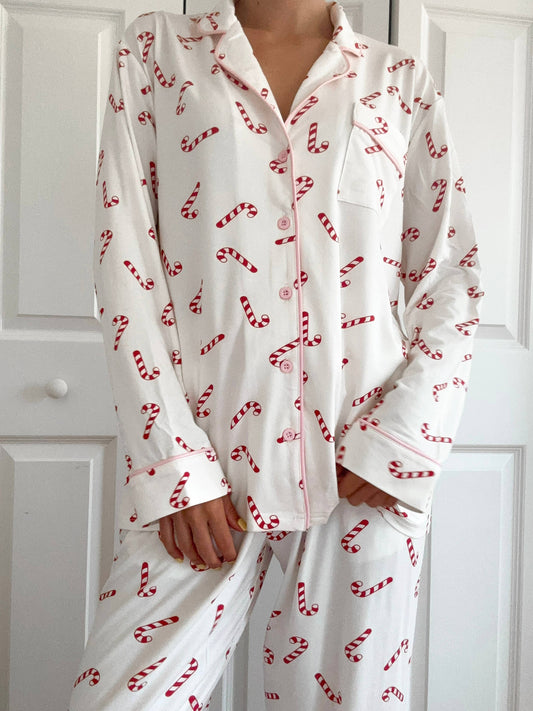 Candy Cane Holiday Christmas Long Sleeve Button Up Pajama Top