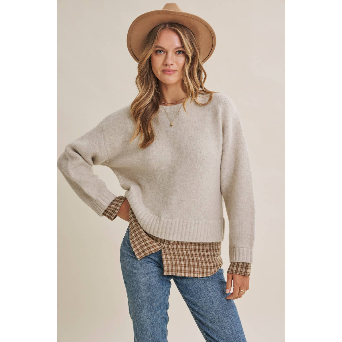 COUNTRY ROAD LAYERED PLAID HEM SWEATER TOP