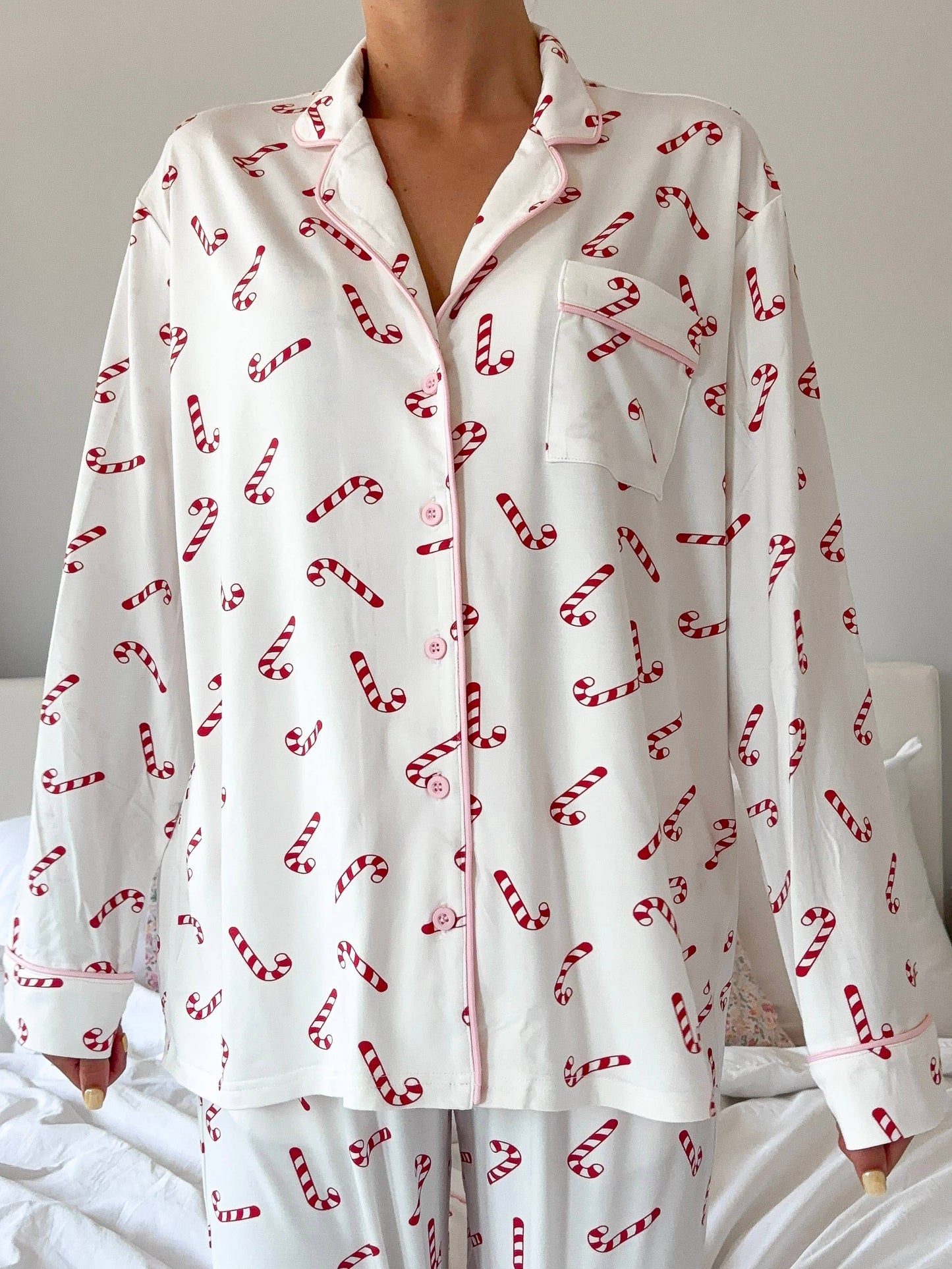 Candy Cane Holiday Christmas Long Sleeve Button Up Pajama Top