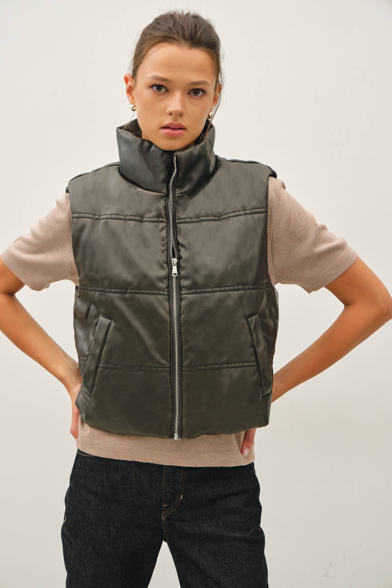 FAUX LEATHER PUFFER VEST