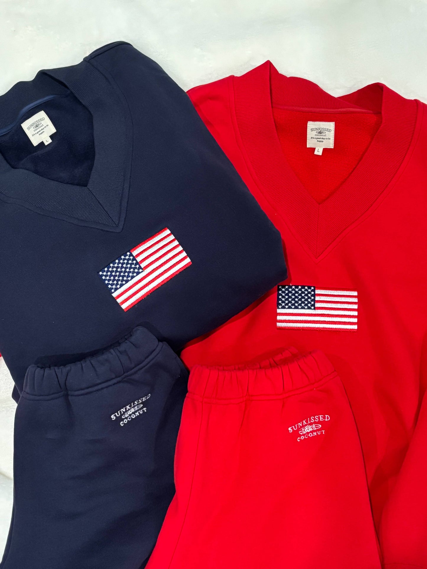 Navy Blue American Flag Embroider V-Neck Sweatshirt