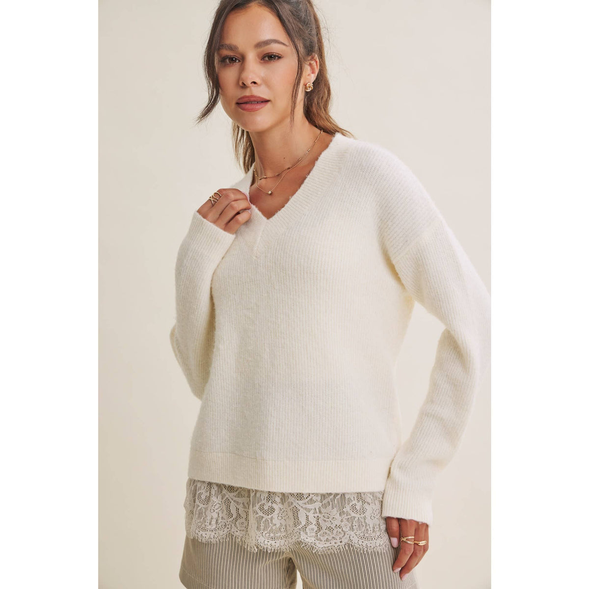 WINTER GARDEN EYELASH LACE TRIM BRUSHED SWEATER TOP