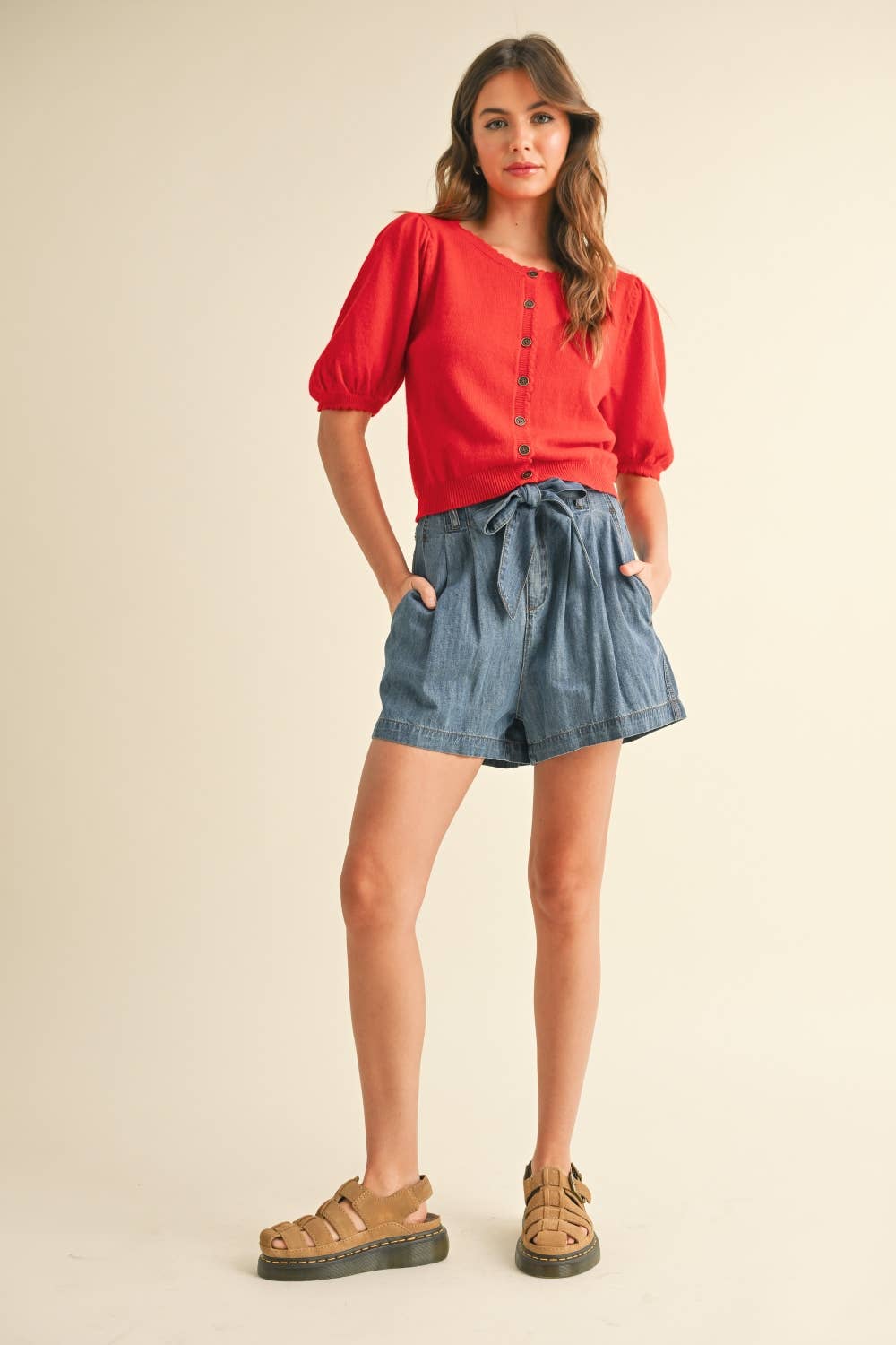 PUFF SHORT SLEEVE BUTTON DOWN KNIT CARDIGAN