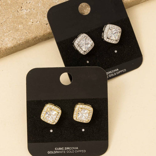 Gold Dipped Square Halo Cz Stud Earrings