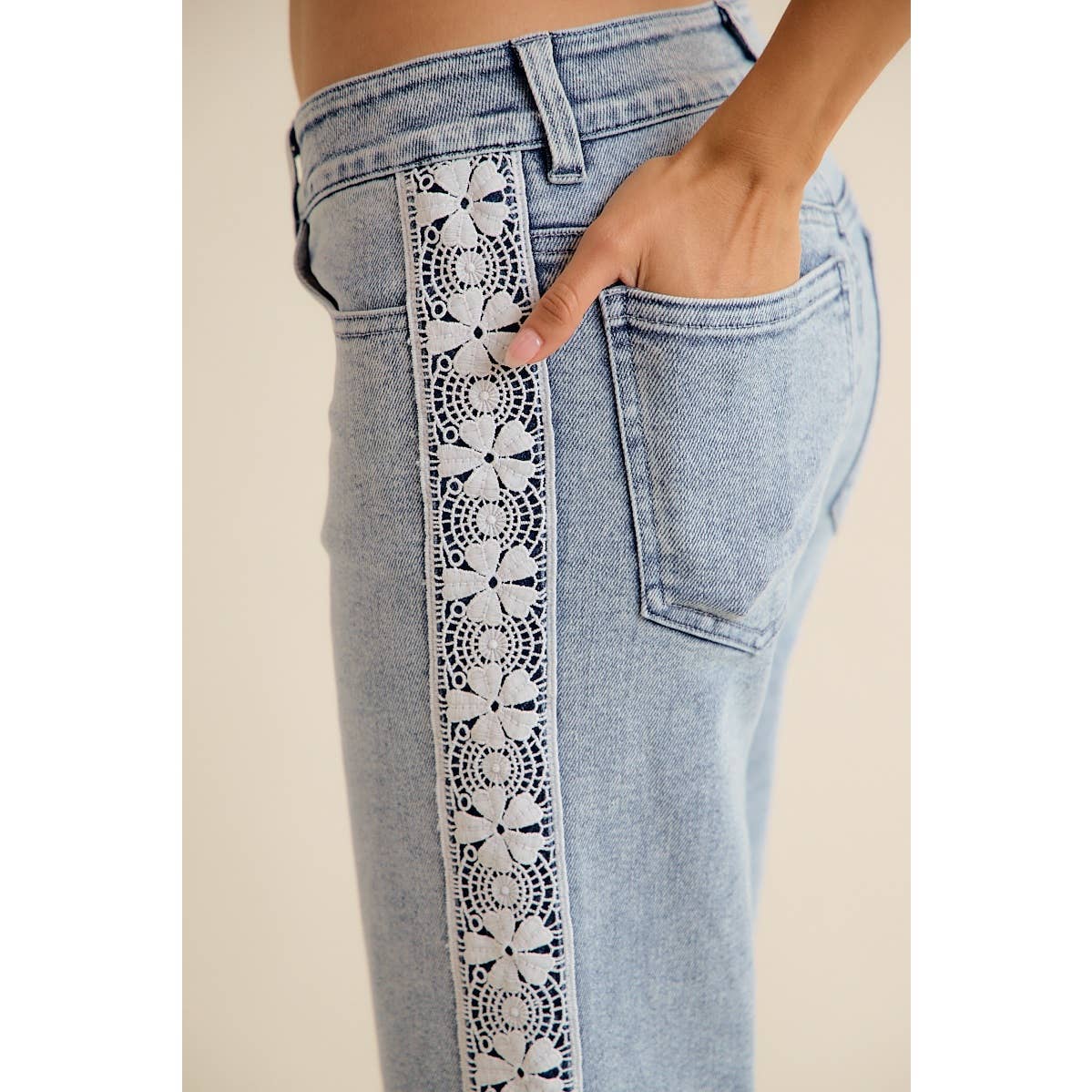 WIDE LEG FLARE DENIM JEANS WITH SIDE LACE TRIM