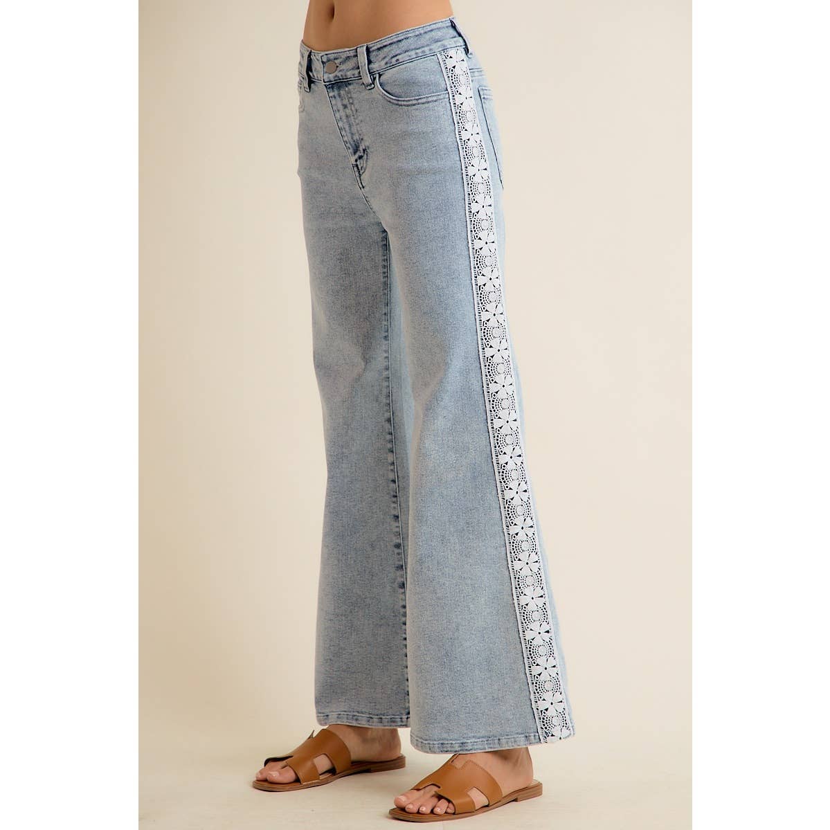 WIDE LEG FLARE DENIM JEANS WITH SIDE LACE TRIM
