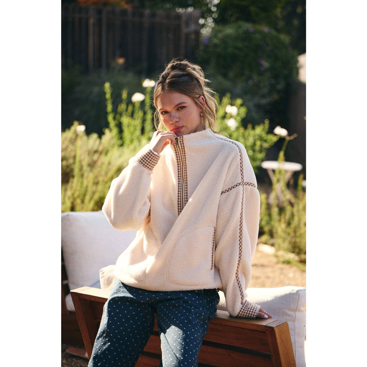 GINGHAM TRIM SHERPA FLEECE HALF-ZIP PULLOVER
