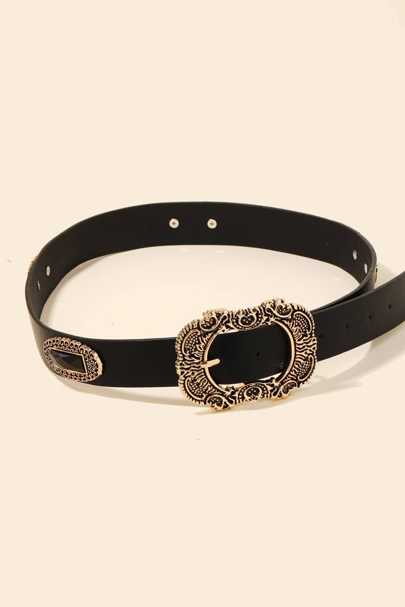 Embroidered Buckle Vegan Leather Belt