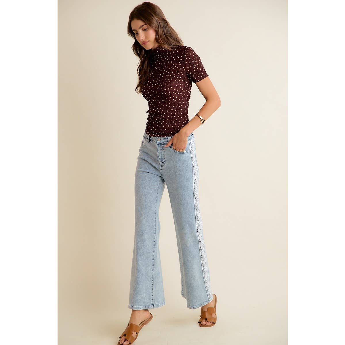 WIDE LEG FLARE DENIM JEANS WITH SIDE LACE TRIM