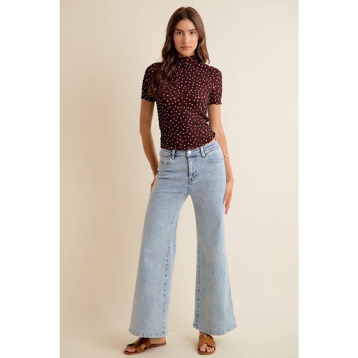WIDE LEG FLARE DENIM JEANS WITH SIDE LACE TRIM