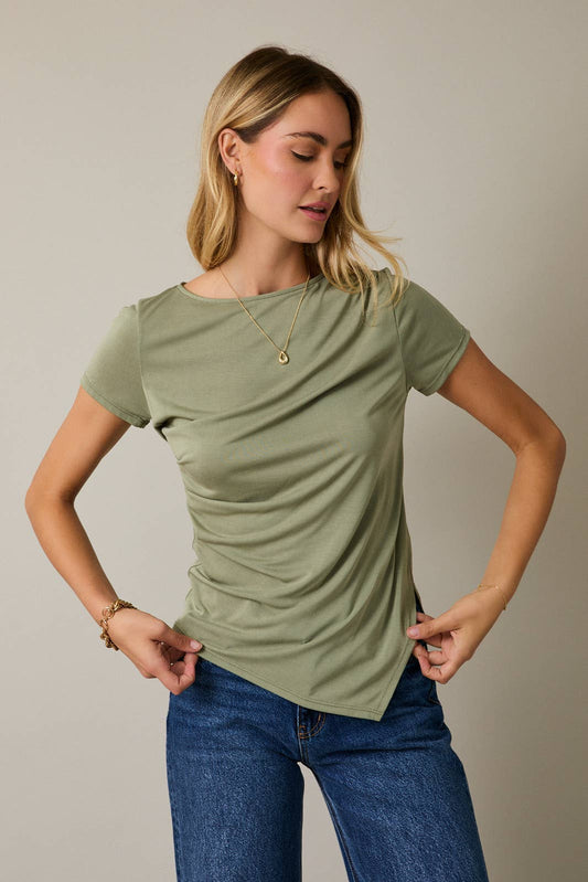 ROUND NECK SHORT SLEEVE SHIRRING DETAIL TOP