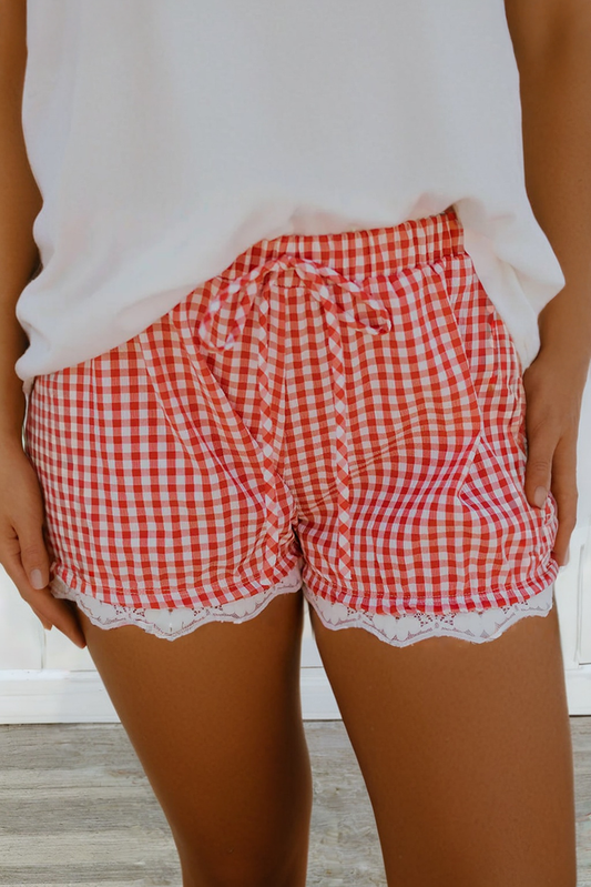 Gingham Plaid Tie Lace Patchwork Hem Shorts