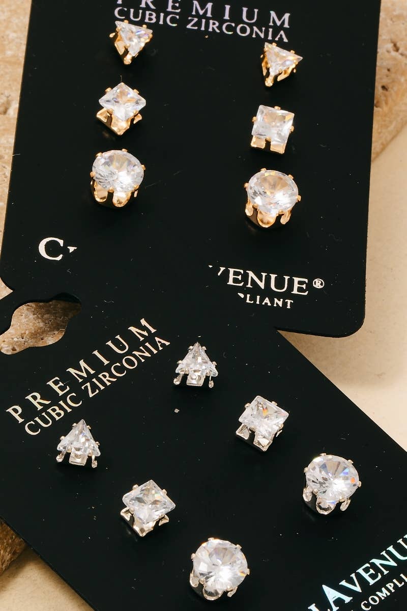 3Pc Mixed Cubic Zirconia Stud Earrings Set