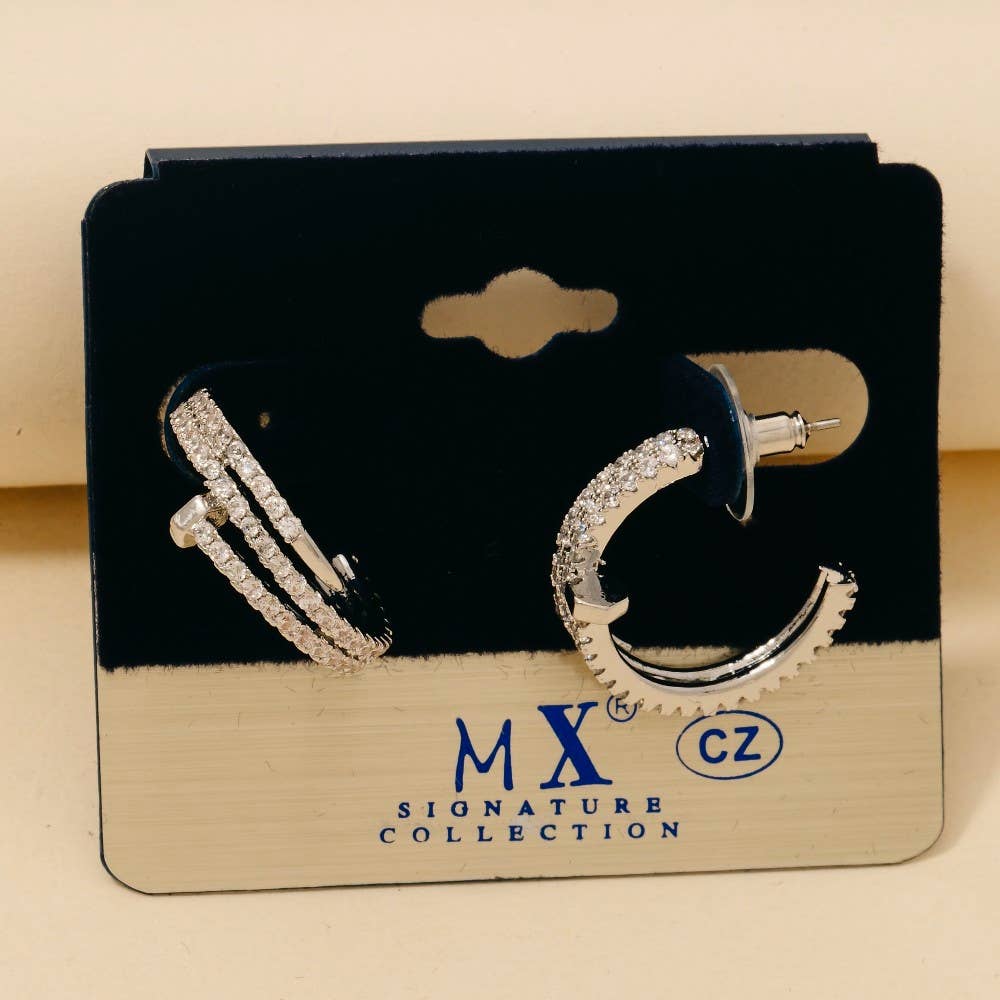 Gold Dipped Cz Pave Layered Nail Hoop Earrings