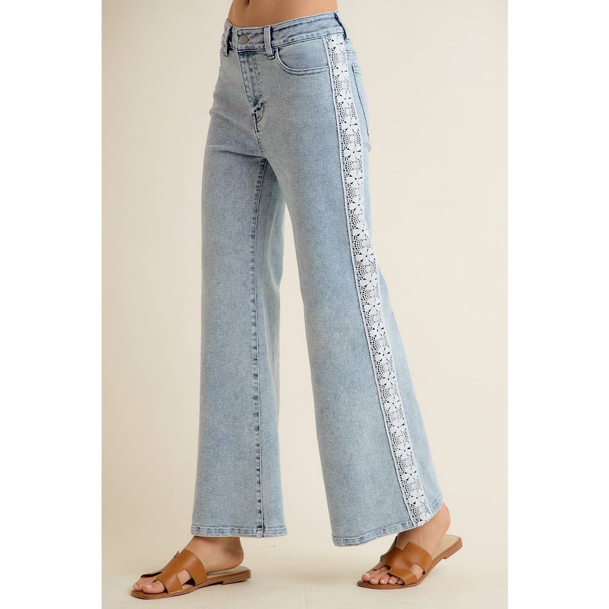 WIDE LEG FLARE DENIM JEANS WITH SIDE LACE TRIM