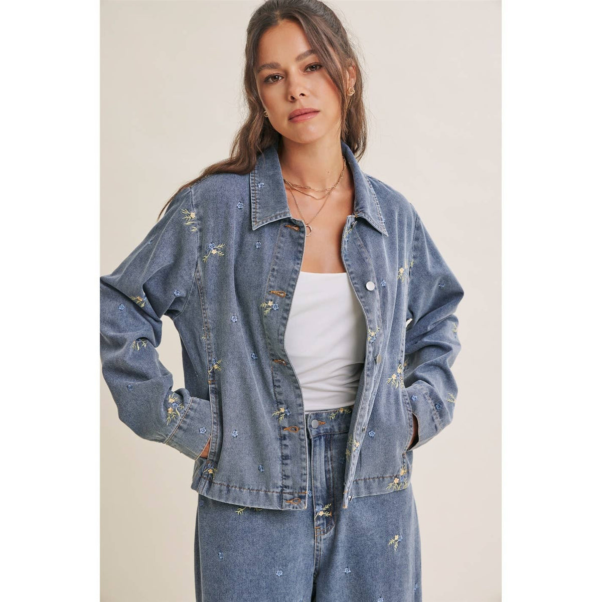 SUNDAY WILDFLOWERS EASY FIT EMBROIDERED DENIM JACKET