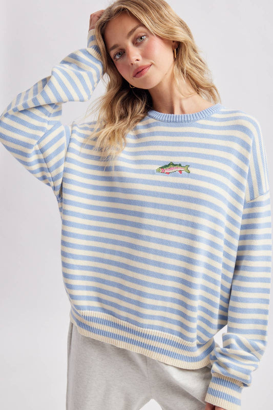 STRIPED FISH COASTAL GRAPHIC SWEATER