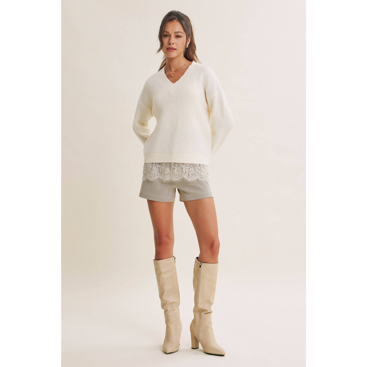 WINTER GARDEN EYELASH LACE TRIM BRUSHED SWEATER TOP