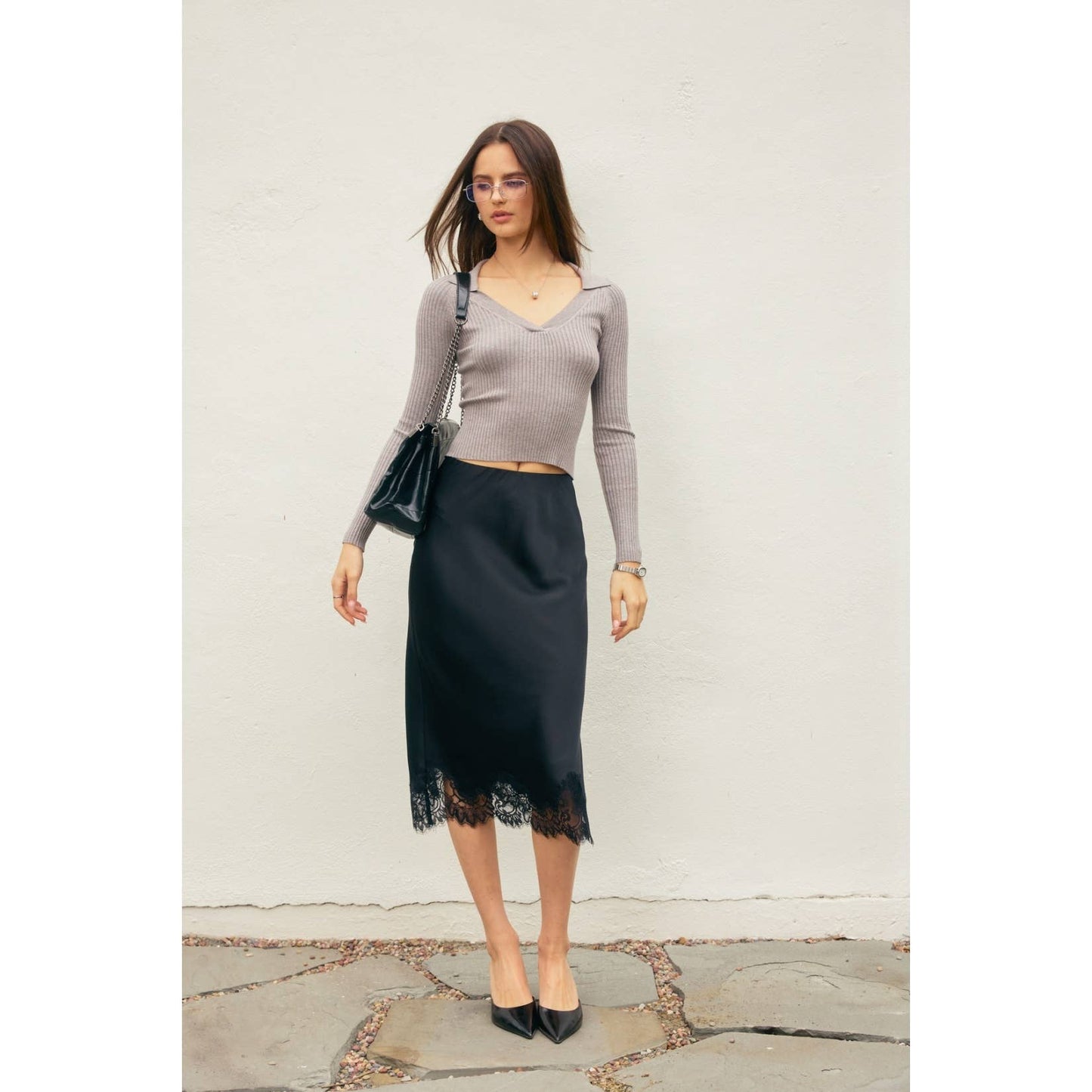 Dull Satin Lace Hem Pencil Skirt