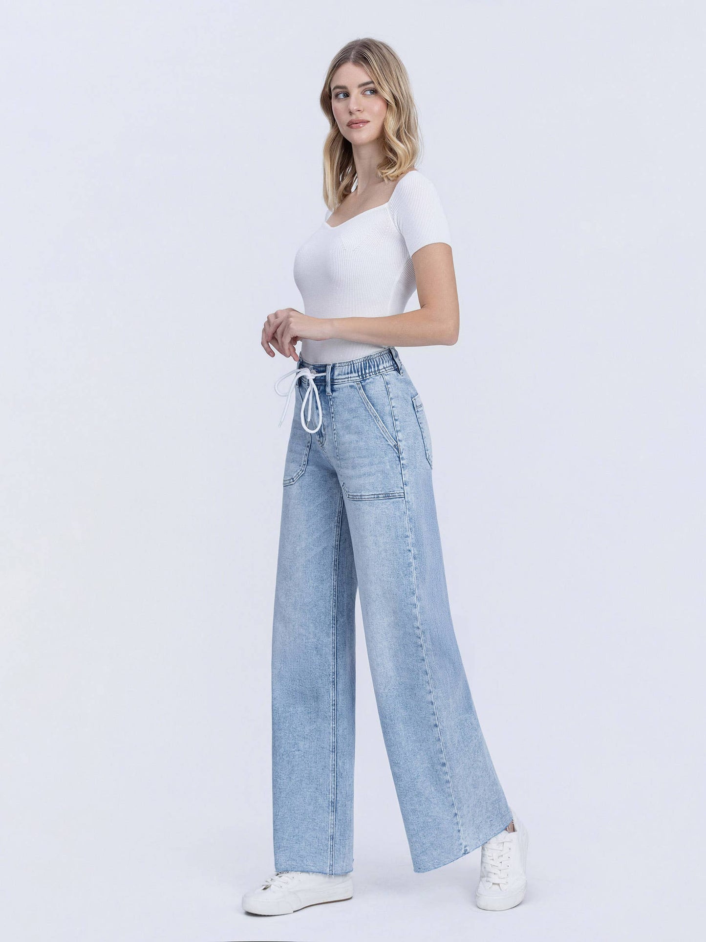 HIGH RISE DRAWSTRING WAISTBAND WIDE LEG JEANS F6065
