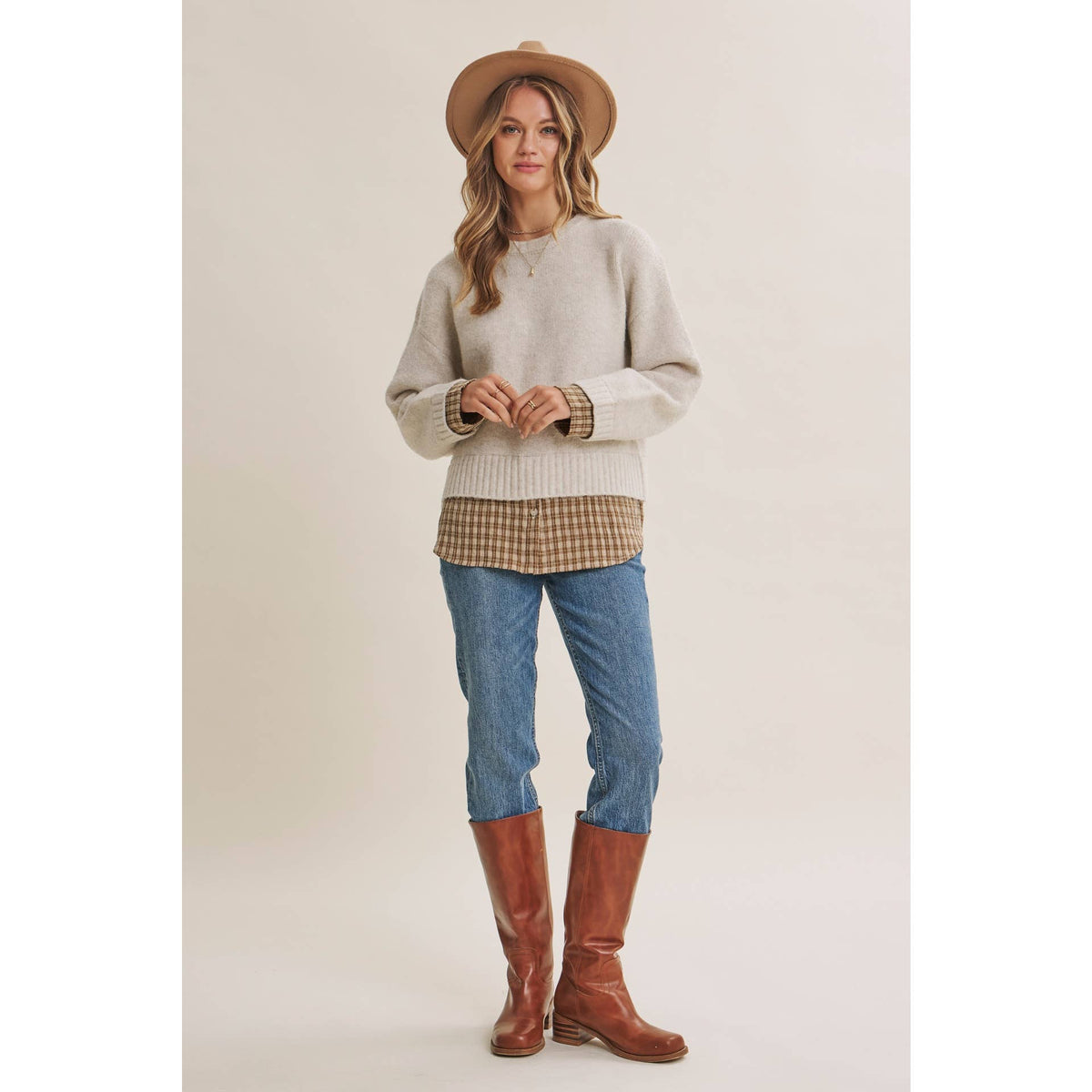 COUNTRY ROAD LAYERED PLAID HEM SWEATER TOP