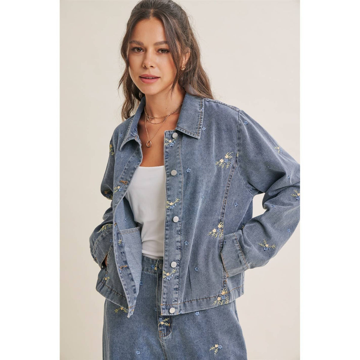 SUNDAY WILDFLOWERS EASY FIT EMBROIDERED DENIM JACKET