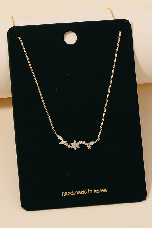 Mixed Mini Cubic Zirconia Flower Leaf Bar Pendant Necklace