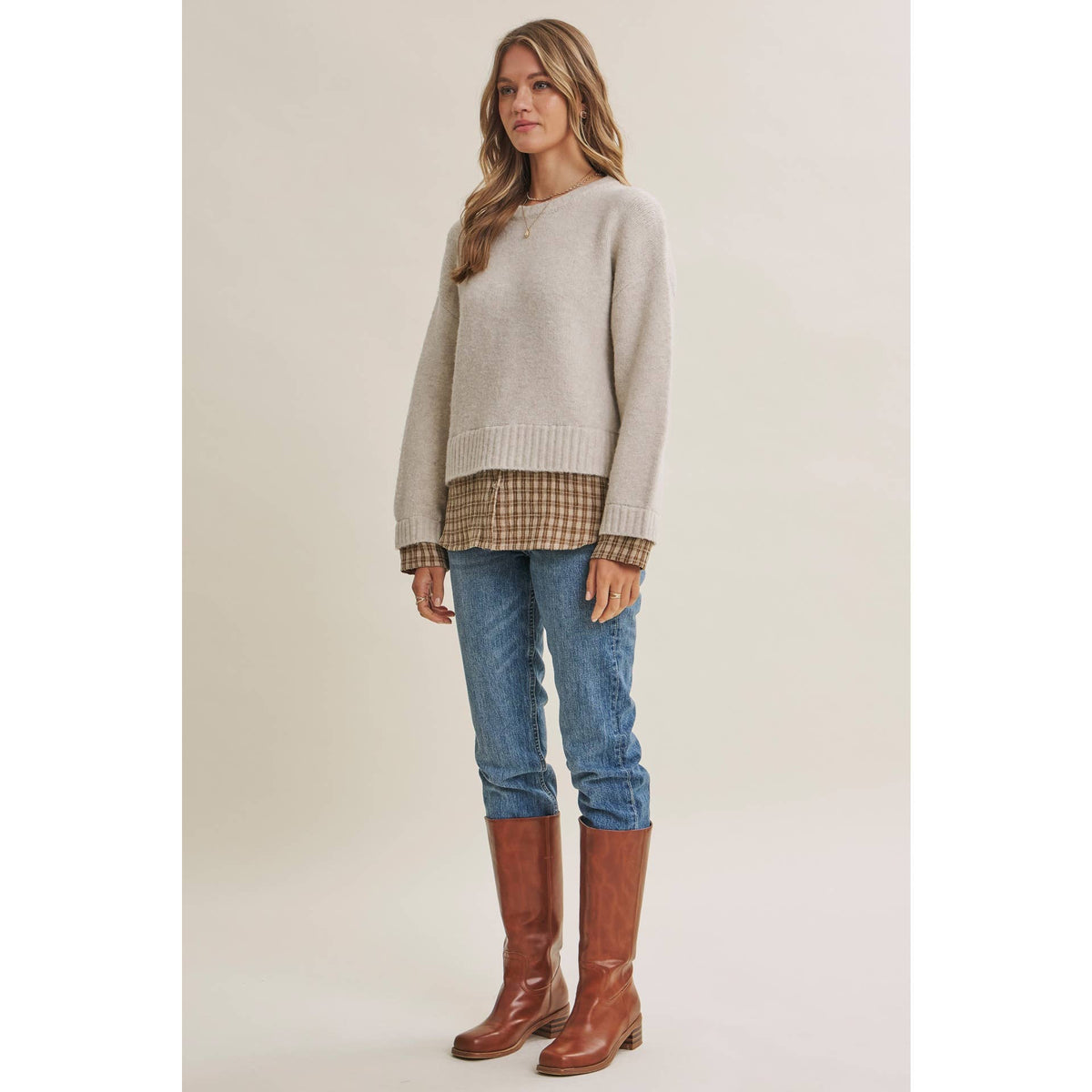 COUNTRY ROAD LAYERED PLAID HEM SWEATER TOP