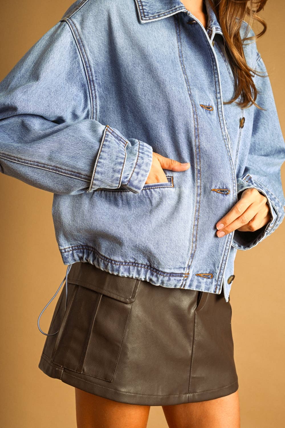WASHED DENIM BUTTON FRONT BOMBER JACKET