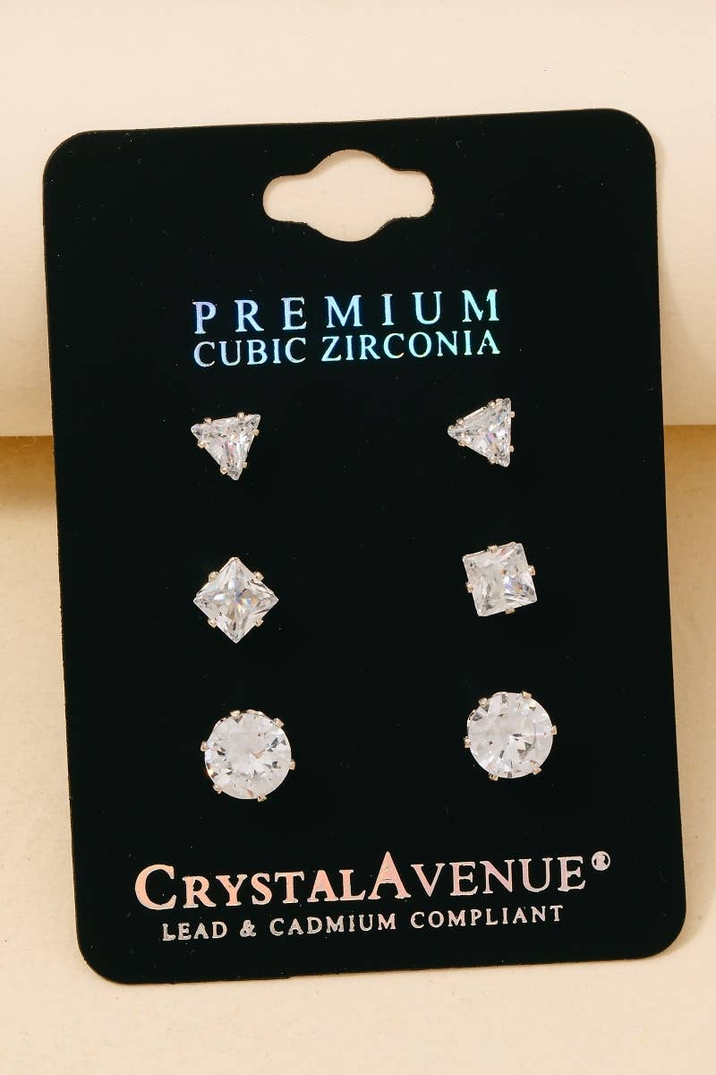 3Pc Mixed Cubic Zirconia Stud Earrings Set