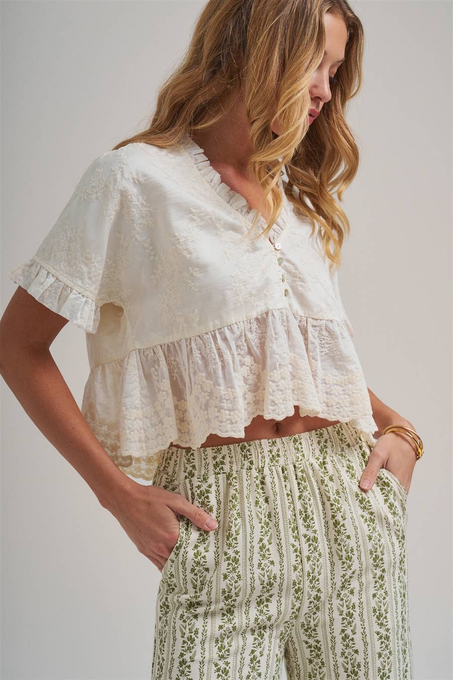 EMBROIDERED LACE PEPLUM BOHO BLOUSE TOP WITH RUFFLE DETAIL