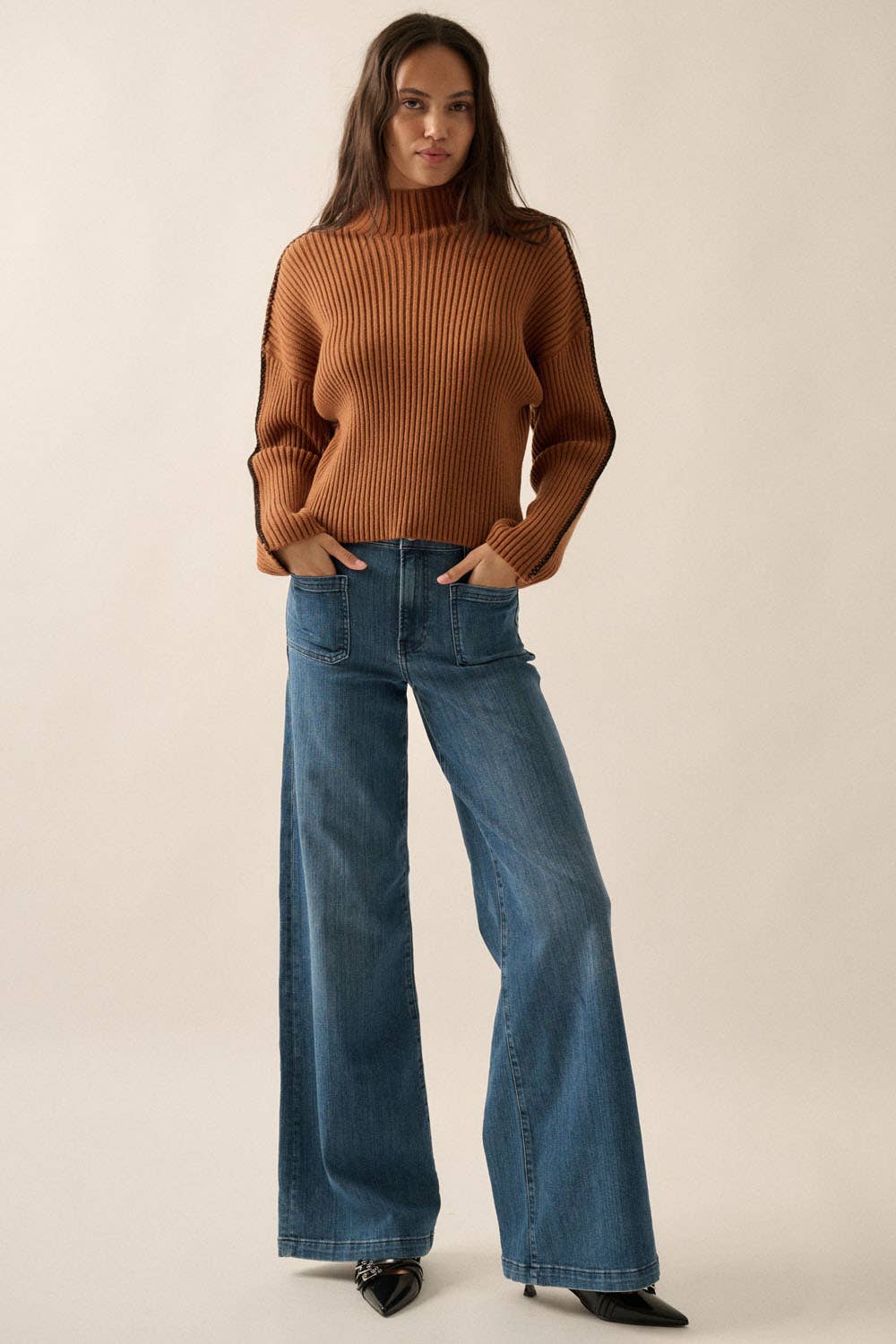 Solid High Neck Rib Knit Expose Seam Sweater