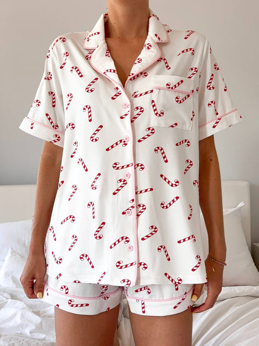 Candy Cane Holiday Christmas Short Sleeve Button Up Pajama Top