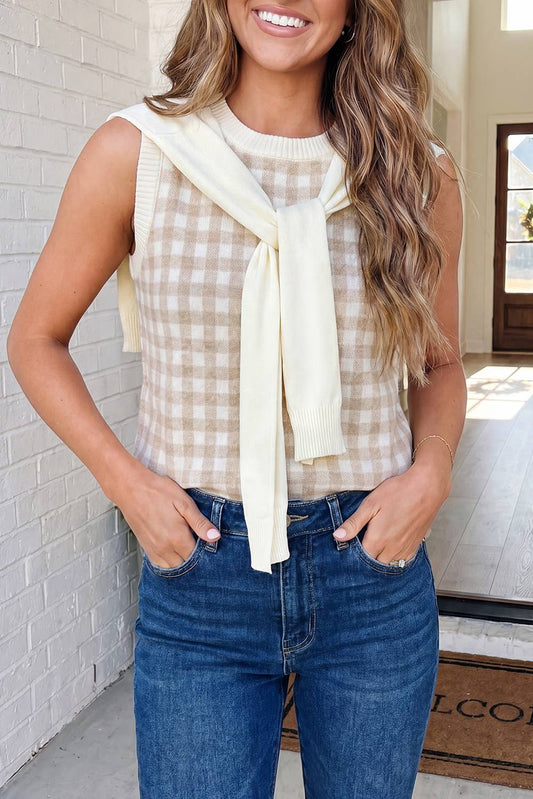 Plaid Knit Detachable Shawl Wrap Sweater Tank Top