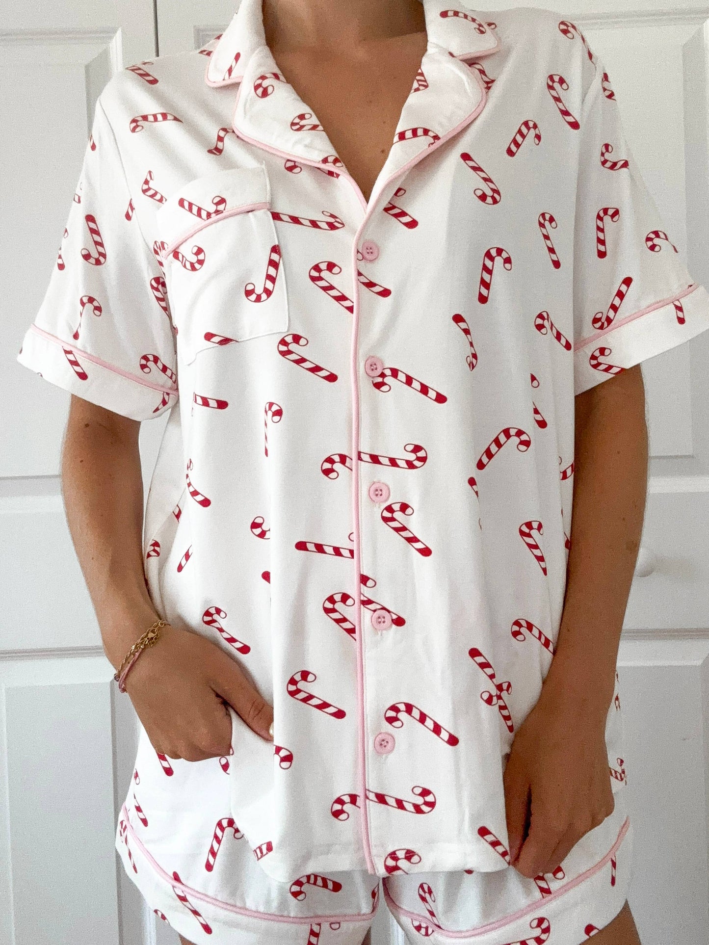Candy Cane Holiday Christmas Short Sleeve Button Up Pajama Top