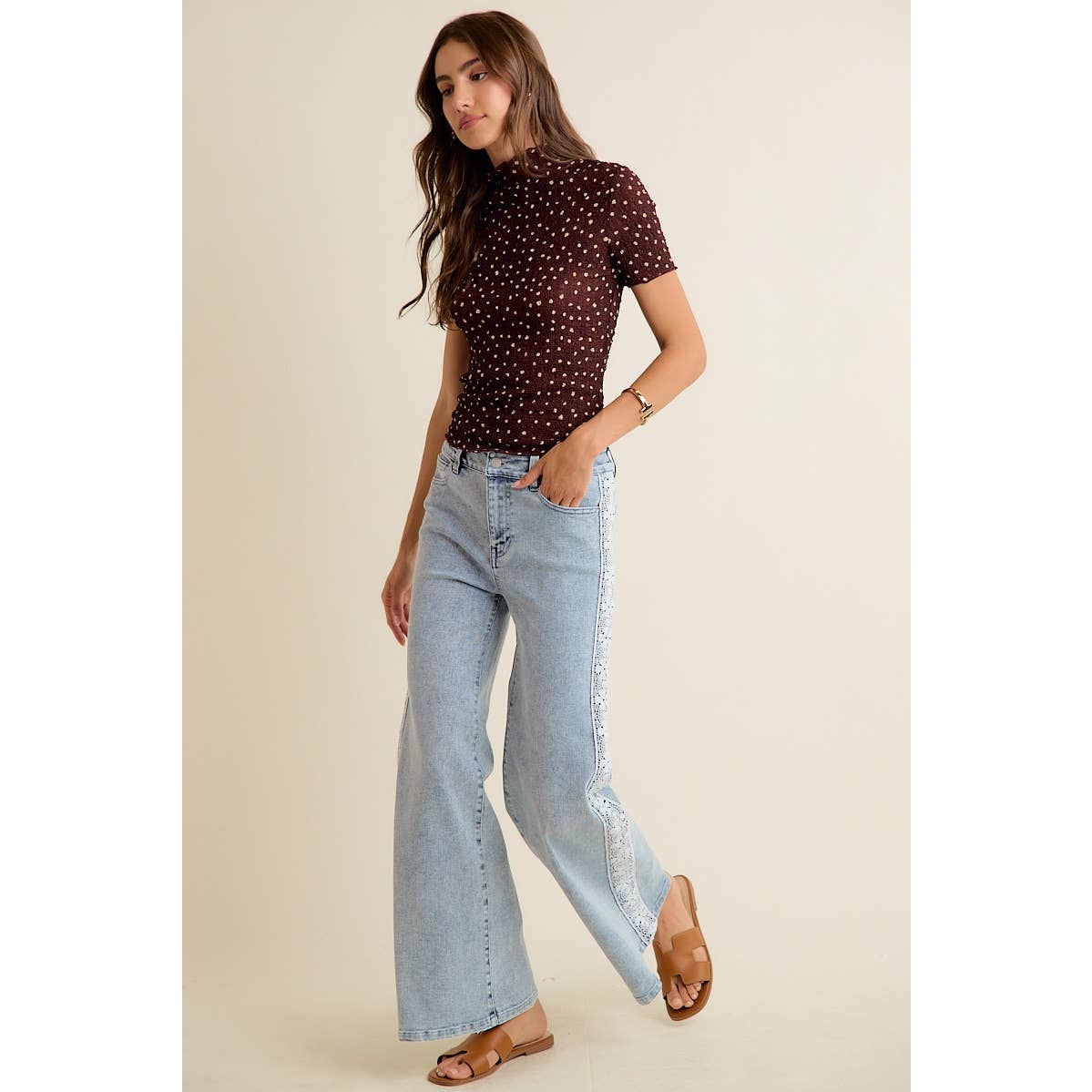 WIDE LEG FLARE DENIM JEANS WITH SIDE LACE TRIM