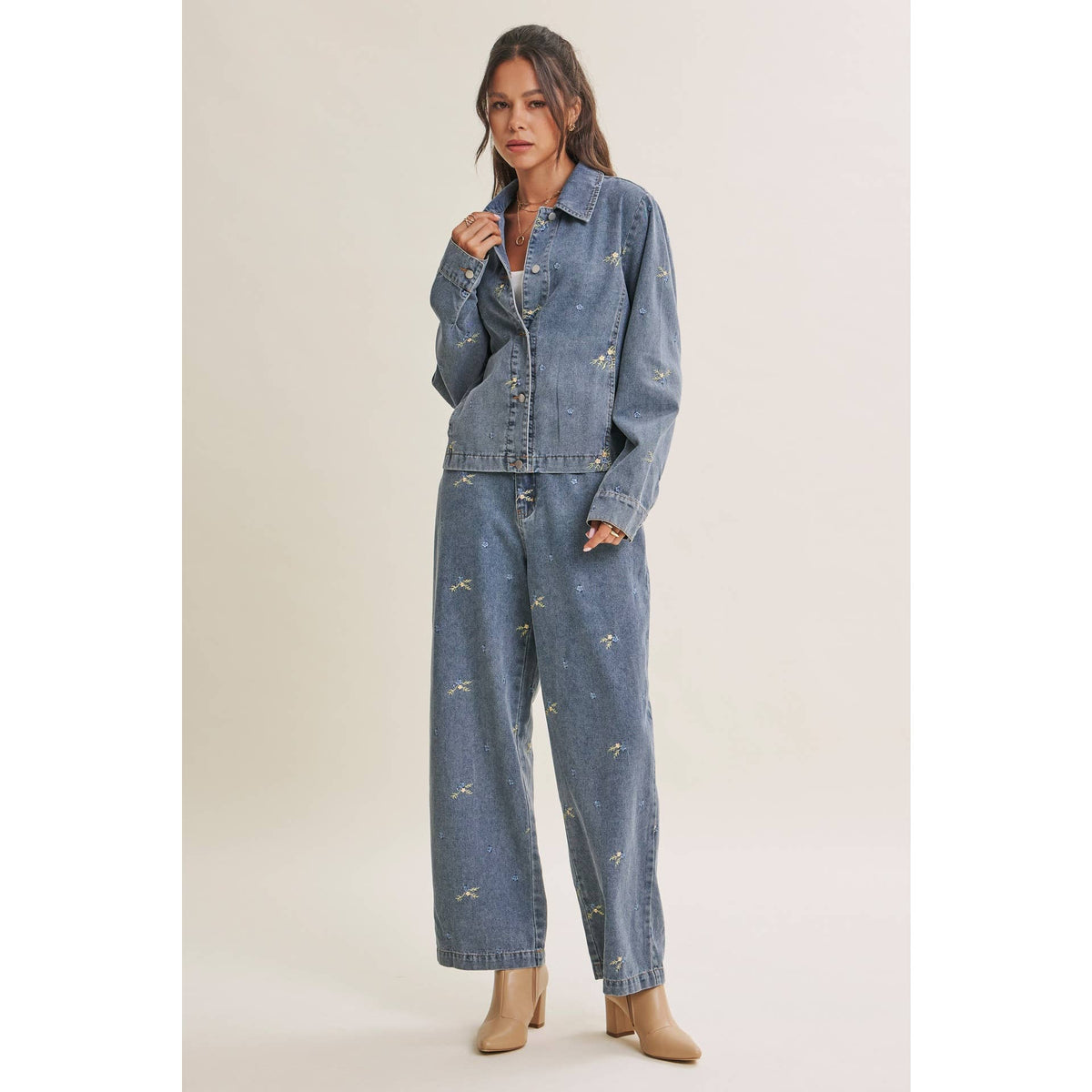 SUNDAY WILDFLOWERS EASY FIT EMBROIDERED DENIM JACKET