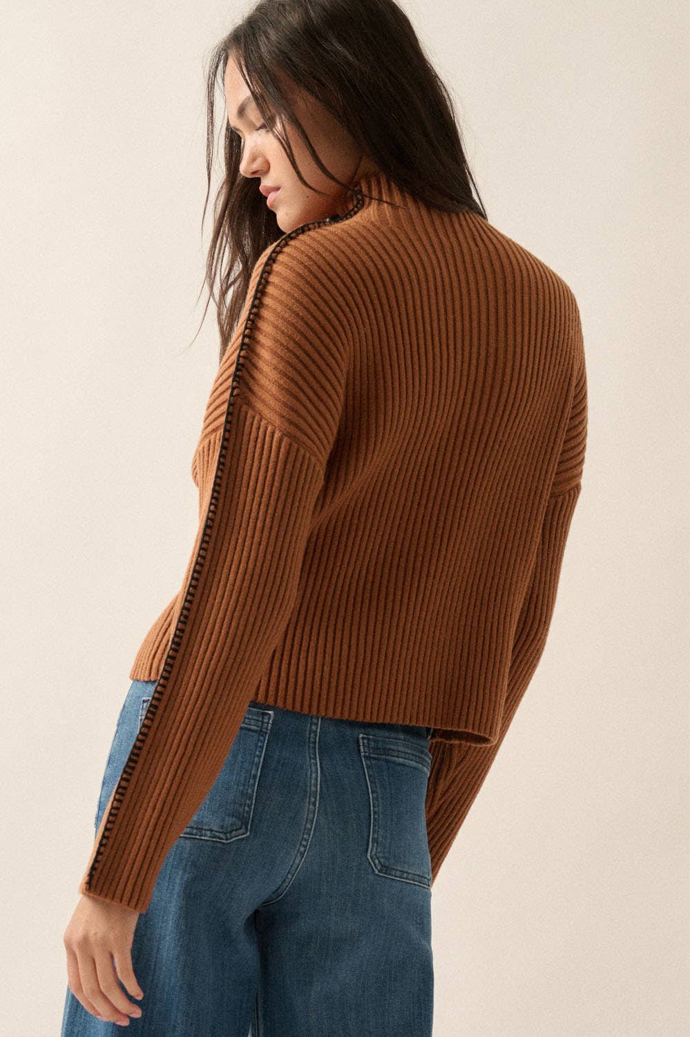 Solid High Neck Rib Knit Expose Seam Sweater